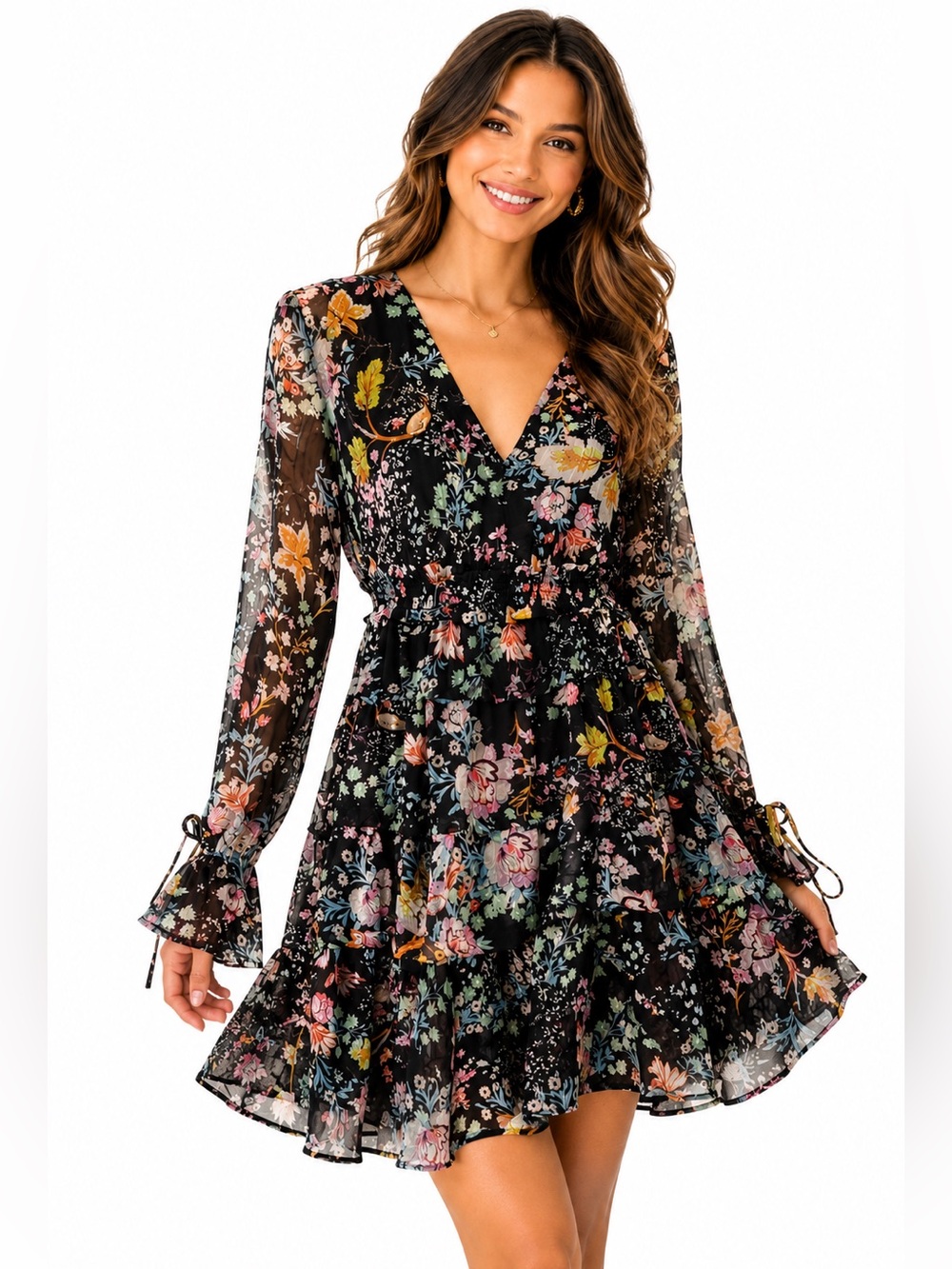 Free People Closer to the Heart Black Floral Print Ruffled Tiered Mini Dress XS